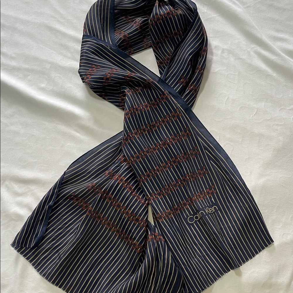 Calvin Klein Navy and Brown Striped Scarf